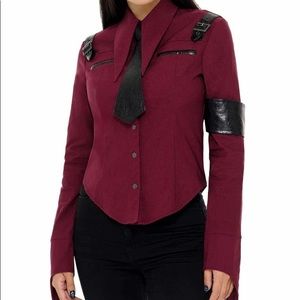 Killstar Secret Mission Military Goth Button Up Shirt with Faux Leather Tie